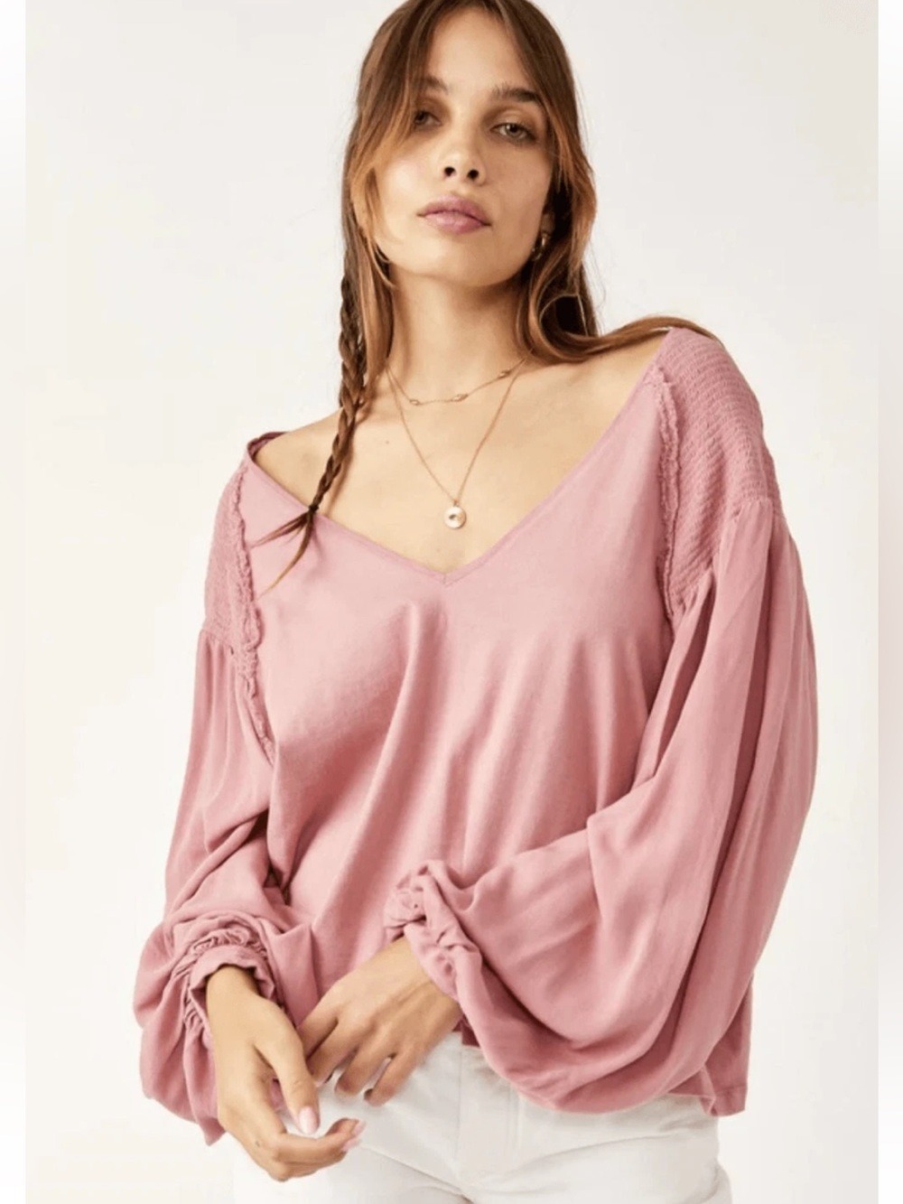 NEW Free People Kathy Top Blush Rose Boho Blouson Sleeve V-Neck Crop Top Pink M